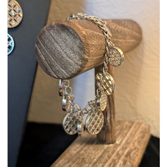 Charter Club Silver Tone Rhinestone Disk Charm Necklace & Matching Bracelet - Picture 2 of 11